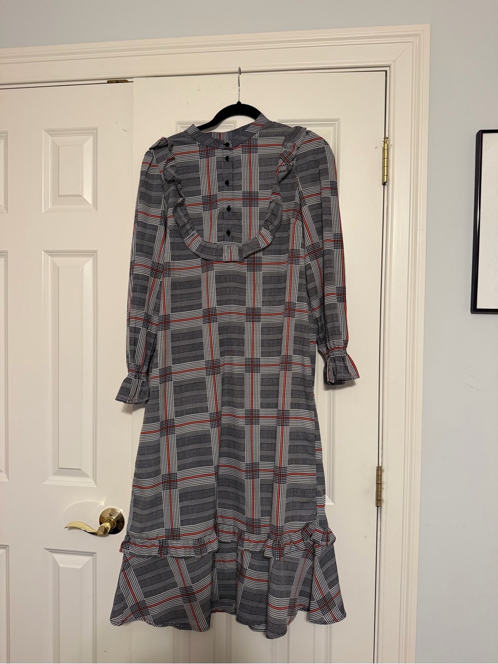 Vero Moda Gray Plaid Maxi Dress with Red Stripe Detail